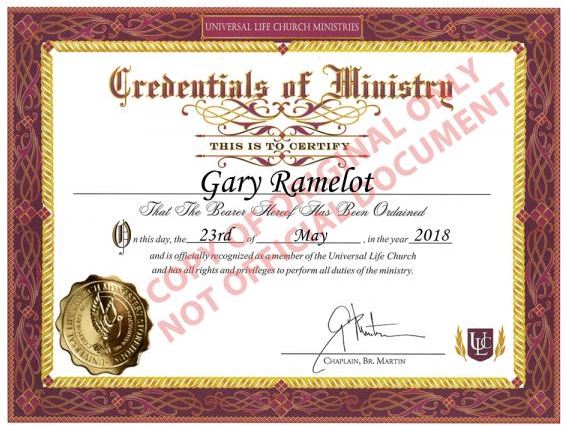 Gary Ramelot Certificate of Ordination