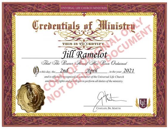 Jill Ramelot Certificate of Ordination